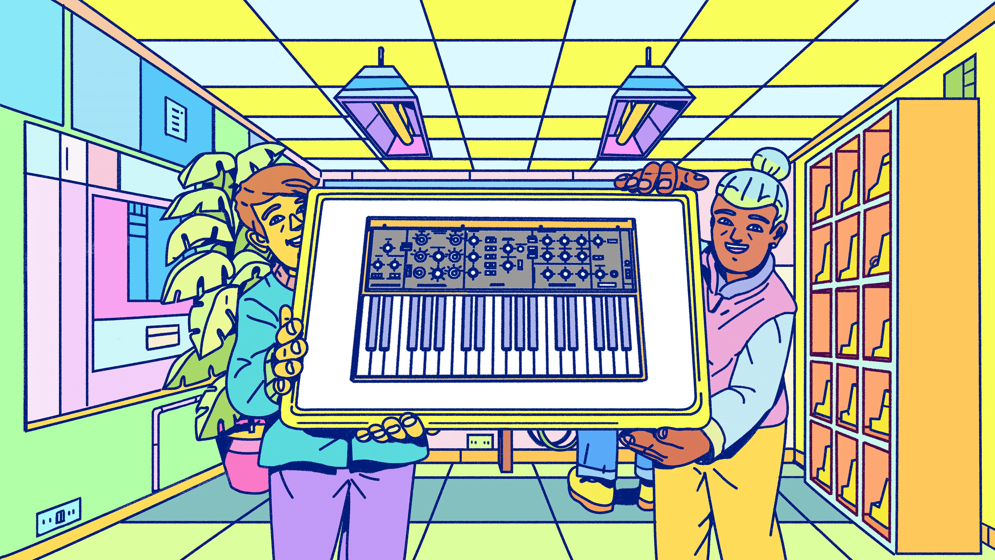 Two people holding a tablet with the Moog Model D app active